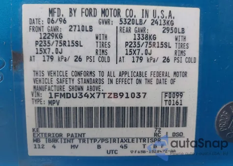 1996 Ford Explorer z USA, uszkodzony, nr VIN 1FMDU34X7TZB91037